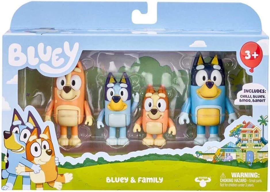 Bluey and Family - Paquete de 4 figuras de 2.5-3 pulgadas posables de Bluey, Bingo, Chilli y Bandit