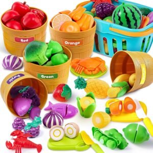 JOYIN Juguetes de aprendizaje, juego de comida para niños pequeños, juguete de cortar alimentos para actividades preescolares, accesorios de cocina para niños, juguetes de clasificación de colores